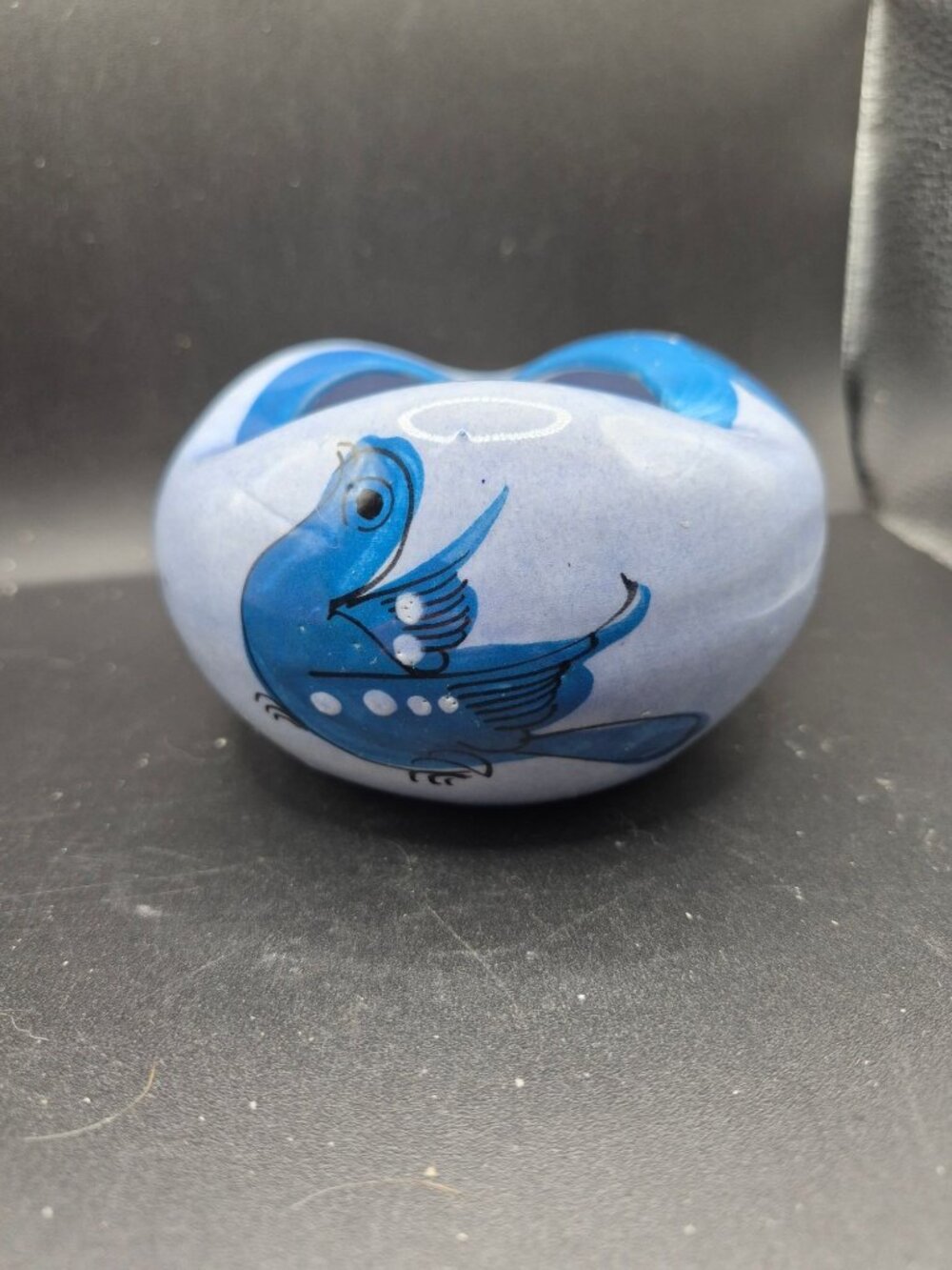 Vintage HandPainted Blue Ceramic Decorative Bowl Ashtray Bird  Fish Motif Signed